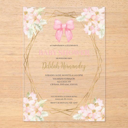 ピンクスペインの赤面フローラ赤ちゃんシャワーアクリル アクリル招待状 (正面)