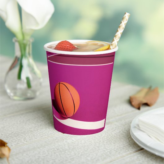 ピンクスポーツバースデーパーティーコート&バスケットボール 紙コップ (インサイチュ)