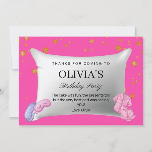 ピンクスランバーパーティー誕生日パーティーサンキューカード サンキューカード (正面)