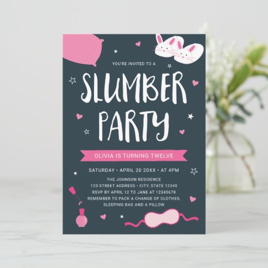 ピンクスランバーパーティー誕生日招待状 招待状 (スタンド正面)