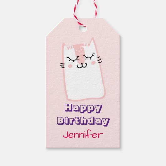 ピンクスリーピングキティキャット誕生日 ギフトタグ (正面)