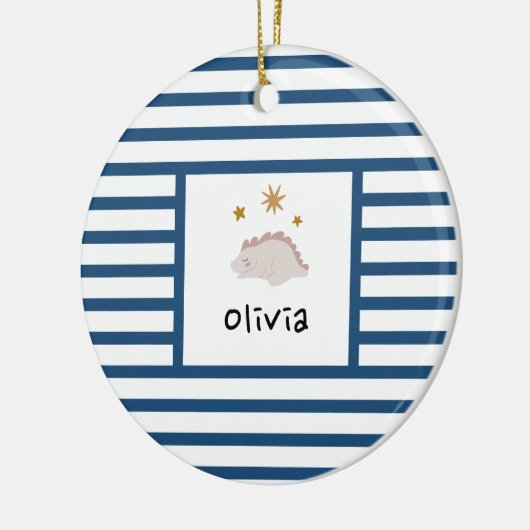 ピンクスリーピーベビーディノ |ダークブルーストライプモダン セラミックオーナメント (左)