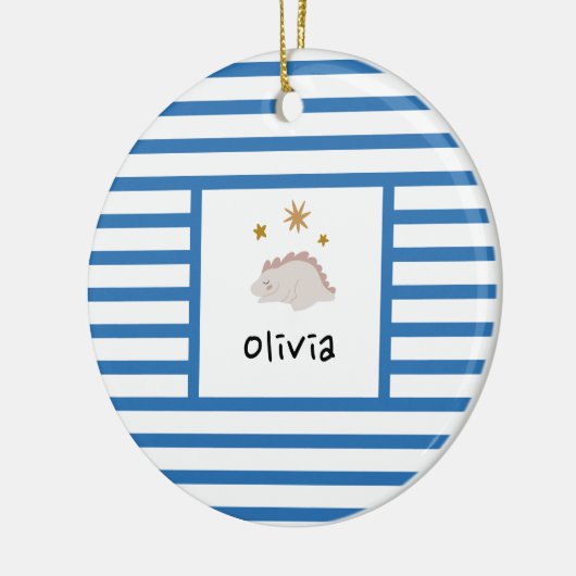 ピンクスリーピーベビーディノ |ネイビーブルーストライプモダン セラミックオーナメント (左)