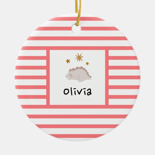 ピンクスリーピーベビーディノ |赤ストライプモダン セラミックオーナメント (正面)