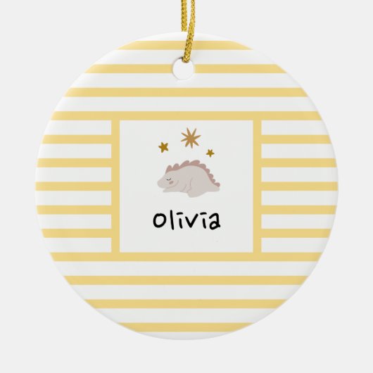ピンクスリーピーベビーディノ |黄色ストライプモダン セラミックオーナメント (正面)