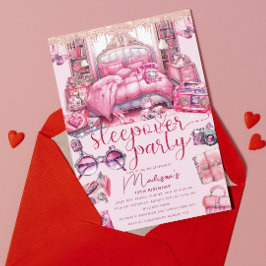 ピンクスリーポバーガール誕生日グリッター 招待状