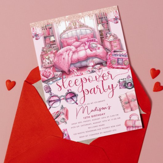 ピンクスリーポバーガール誕生日グリッター 招待状