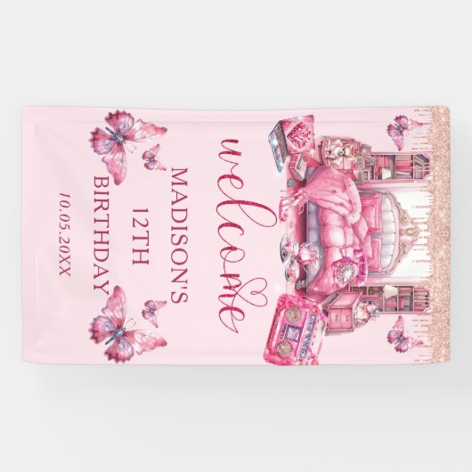 ピンクスリーポバーガール誕生日 パーソナライズされた 横断幕 (横)