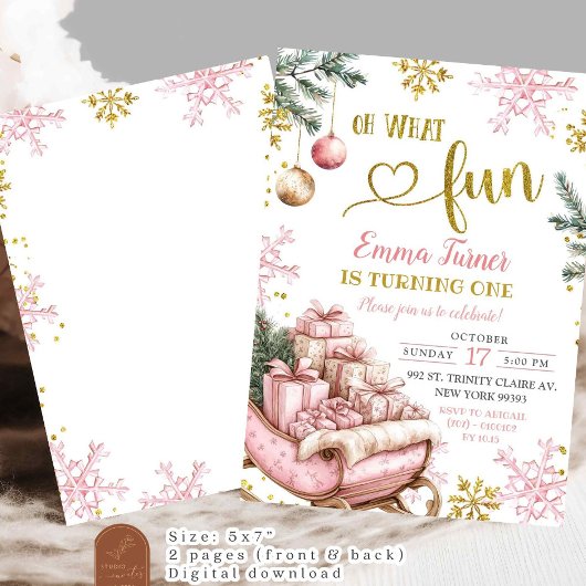 ピンクスレイウィンターファースト誕生日 招待状