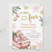 ピンクスレイウィンターファースト誕生日 招待状 (正面)