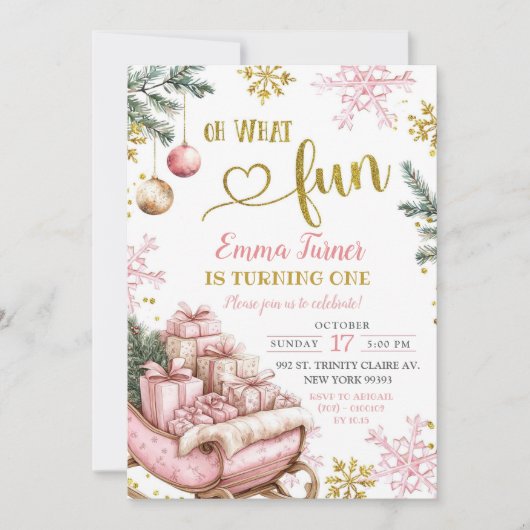 ピンクスレイウィンターファースト誕生日 招待状 (正面)