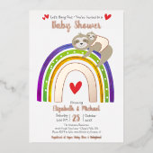 ピンクスロウレインボーガールベビーシャワー実在バラ金ゴールド 箔招待状 (正面)