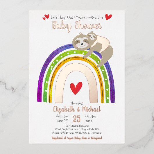 ピンクスロウレインボーガールベビーシャワー実在バラ金ゴールド 箔招待状 (正面)