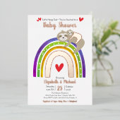 ピンクスロウレインボーガールベビーシャワー実在バラ金ゴールド 箔招待状 (立ち正面)