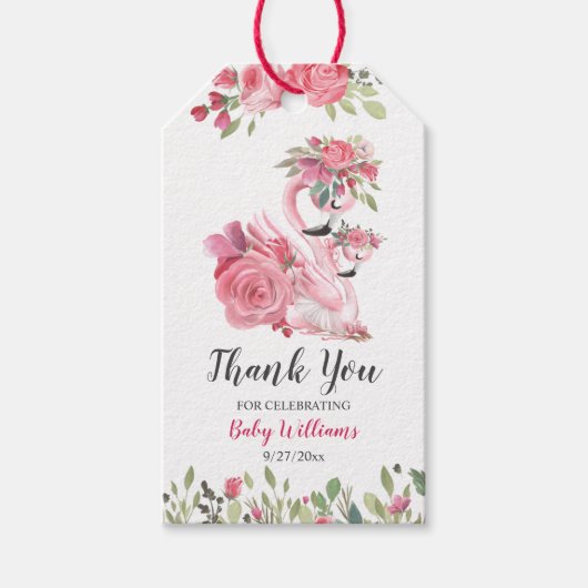 ピンクスワンとバラベビーシャワーありがとうラベル ギフトタグ (正面)