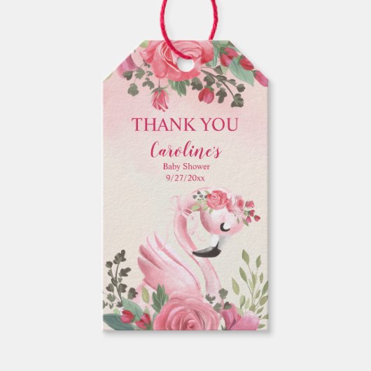 ピンクスワンとバラベビーシャワーありがとうラベル ギフトタグ (正面)