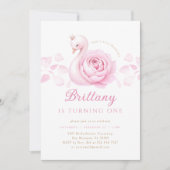 ピンクスワンフローラファースト誕生日招待状 招待状 (正面)