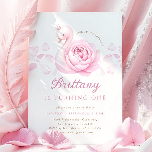 ピンクスワンフローラファースト誕生日招待状 招待状