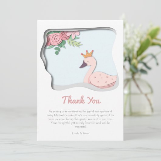 ピンクスワン赤ちゃんシャワーガール サンキューカード (スタンド正面)
