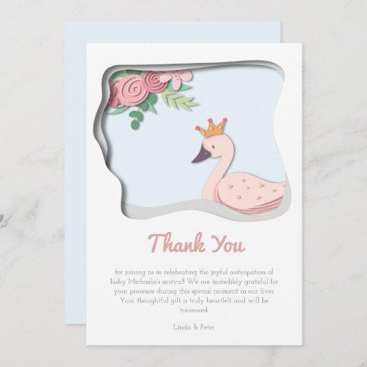 ピンクスワン赤ちゃんシャワーガール サンキューカード (正面/裏面)