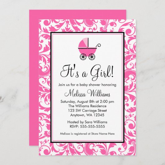 ピンクスワールダマスクキャリッジガールベビーシャワー 招待状 (正面/裏面)
