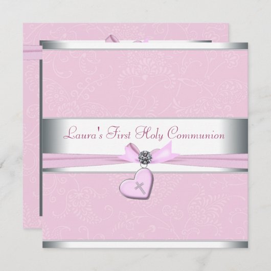 ピンクスワールハートピンククロスファースト聖体 招待状 (正面/裏面)