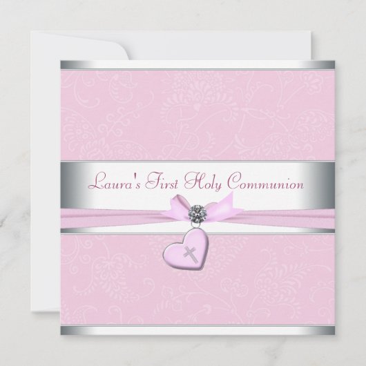 ピンクスワールハートピンククロスファースト聖体 招待状 (正面)