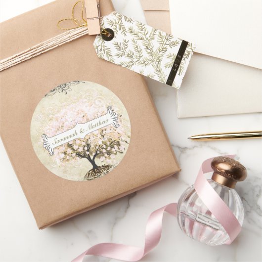 ピンクスワールハートリーフ結婚ツリーのシール ラウンドシール (ギフト)