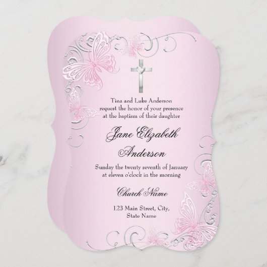 ピンクスワールバタフライ&クロスバプテスマ招待状 招待状 (正面/裏面)