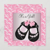 ピンクスワールブラックシューズピンクブラックベビーガールシャワー 招待状 (正面/裏面)