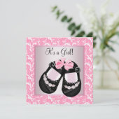 ピンクスワールブラックシューズピンクブラックベビーガールシャワー 招待状 (スタンド正面)