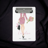 ピンクスーツ黒い巾着花女性シックファッション ミニクリップボード