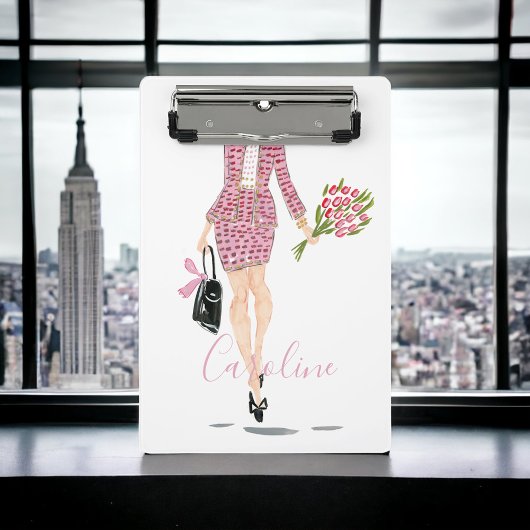 ピンクスーツ黒い巾着花女性シックファッション ミニクリップボード