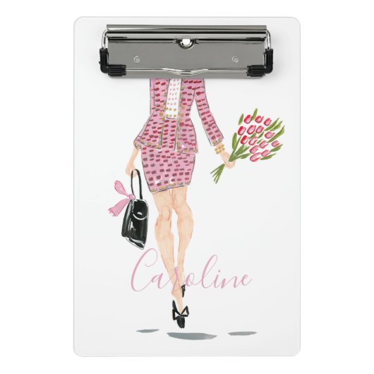 ピンクスーツ黒い巾着花女性シックファッション ミニクリップボード (正面)