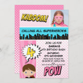 ピンクスーパーヒーローフォト4th誕生日パーティの招待状 招待状 (正面/裏面)