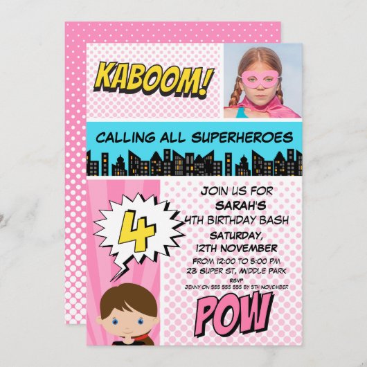ピンクスーパーヒーローフォト4th誕生日パーティの招待状 招待状 (正面/裏面)