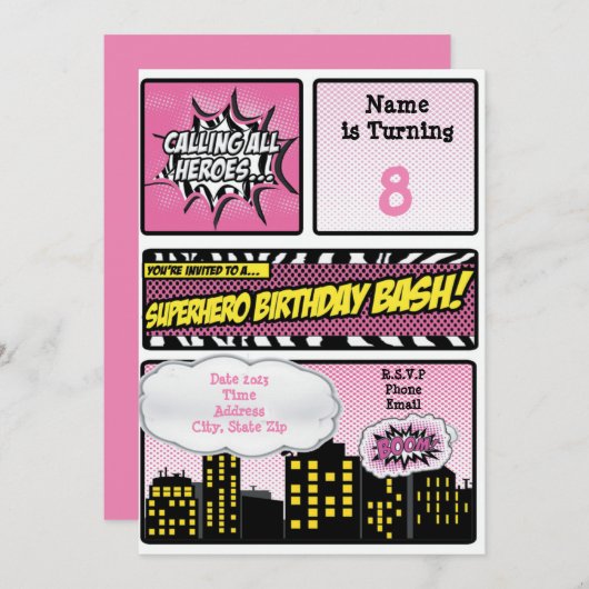 ピンクスーパーヒーロー招待状 招待状 (正面/裏面)