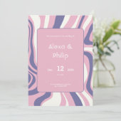 ピンクス、紫およびベージュの線の抽象芸術結婚の 招待状 (スタンド正面)