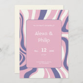ピンクス、紫およびベージュの線の抽象芸術結婚の 招待状 (正面/裏面)