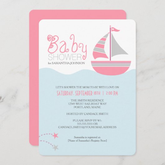 ピンクセイボートガール航海のベビーシャワー招待状 招待状 (正面/裏面)