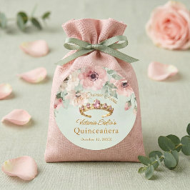 ピンクセージグリーンフローラルゴールドティアラQuinceañera ラウンドシール