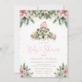 ピンクセージグリーン金ゴールドポインセチア女子クリスマス 招待状 (正面)