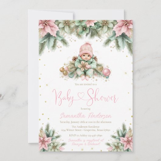 ピンクセージグリーン金ゴールドポインセチア女子クリスマス 招待状 (正面)