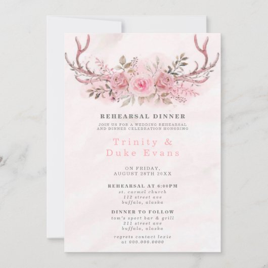 ピンクセージ牡丹ディアー〔雄ジカの〕枝角リハーサルディナー 招待状 (正面)