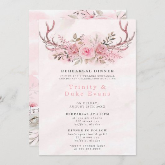 ピンクセージ牡丹ディアー〔雄ジカの〕枝角リハーサルディナー 招待状 (正面/裏面)