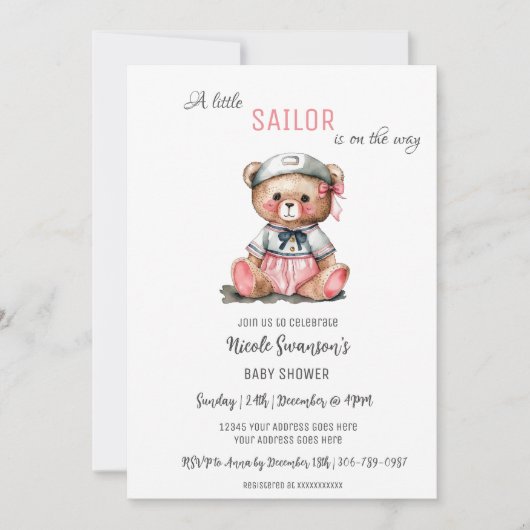 ピンクセーラー航海のベアベビーシャワー招待状 招待状 (正面)