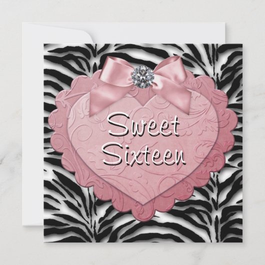 ピンクゼブラかわいらしスウィート16誕生日パーティー 招待状 (正面)