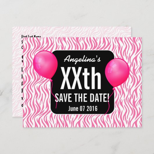 ピンクゼブラとバルーン任意の年誕生日B03M 案内ポストカード (正面/裏面)