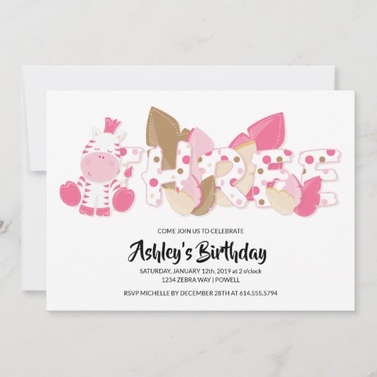 ピンクゼブラの三番目の誕生日パーティーへの招待 招待状 (正面)