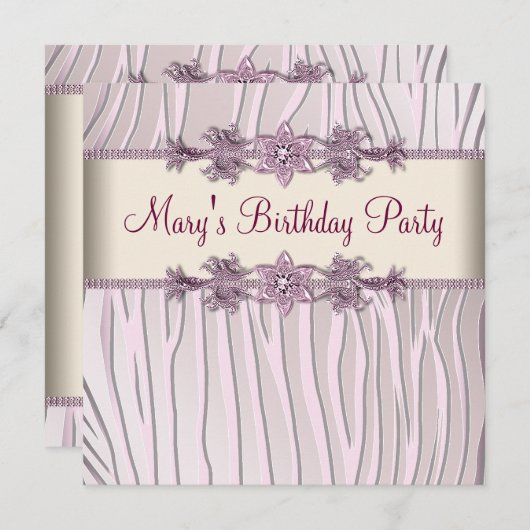 ピンクゼブラウーマンズバースデーパーティー 招待状 (正面/裏面)